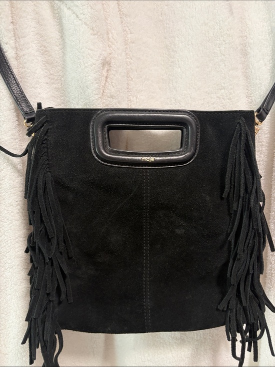 Maje Handbags - Maje Black Suede Fringe Crossbody with Cutout Handle